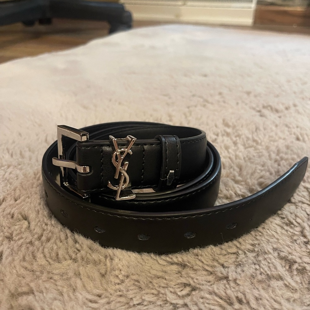Yves Saint Laurent Black Leather Belt with Logo Buckle